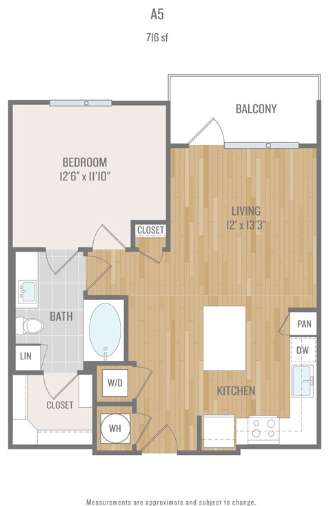 Floor plan for 1 bed, 1 bath, 716 sqft